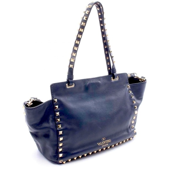 Valentino Garavani Blue Vitello Rockstud 2 Ways Small Shoulder Tote Bag - Picture 1 of 9